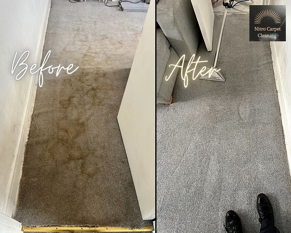 Carpet Cleaning before and after photo Previous Rug Doctor Machine Attempt On the Left, On the right is Plymouth Nitro Carpet Cleaning Services Restoration